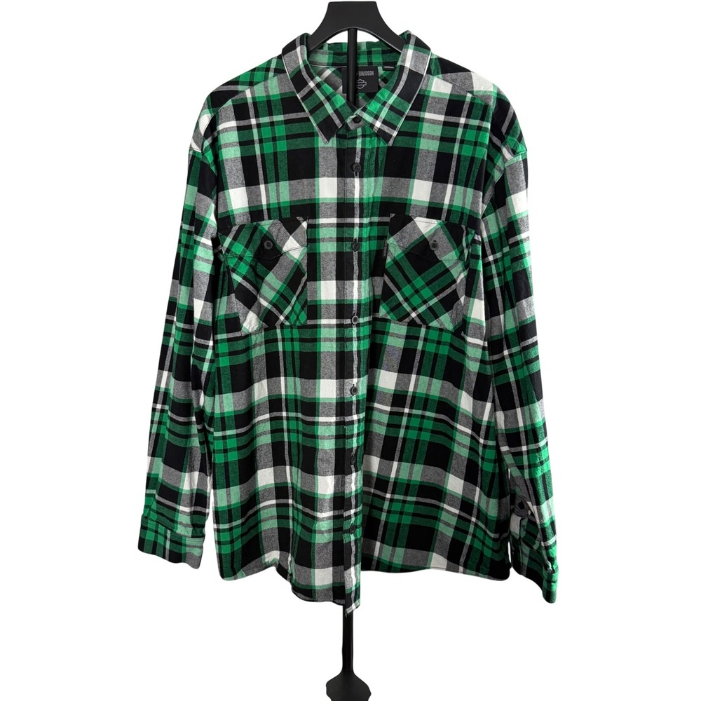 Harley-Davidson Mens 4XL Green Black Plaid Long Sleeve Button Down Flannel Shirt